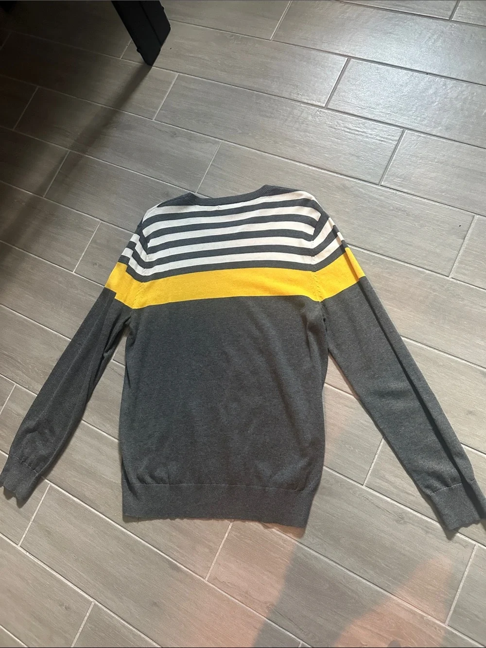 Banana Republic Men's Gray Crewneck Sweater with Yellow and White Stripes